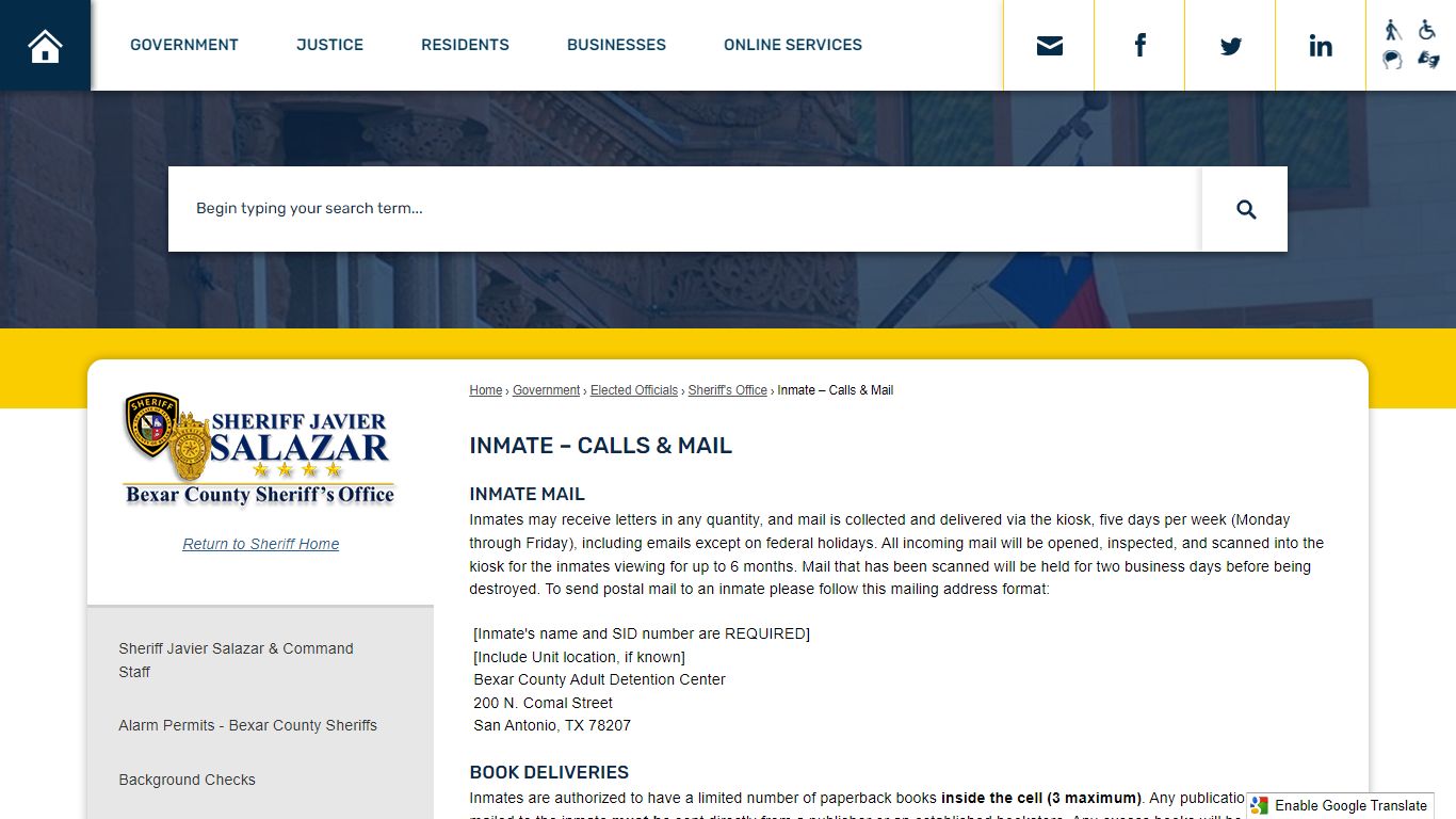 Inmate – Calls & Mail | Bexar County, TX - Official Website